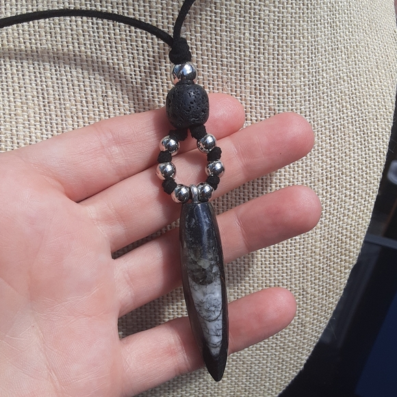 Beautiful Orthoceras Fossil/Genuine Black Leather Cord/ Lava Stone Necklace - Picture 4 of 8